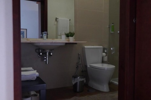 Banheiro moderno na Sala de Estar Família de Quinta de Anterronde com pia de parede, vaso sanitário, espelho, toalheiro e paredes com azulejos verdes