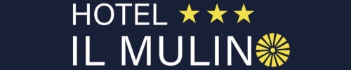 Logo dell'hotel tre stelle Il Mulino a Villalunga, Italia con stelle gialle e icona di mulino