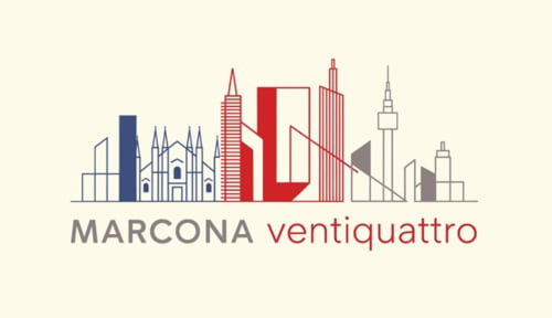 Logo Marcona Ventiquattro Milano con skyline della città, edifici iconici e architetture caratteristiche in rosso e blu