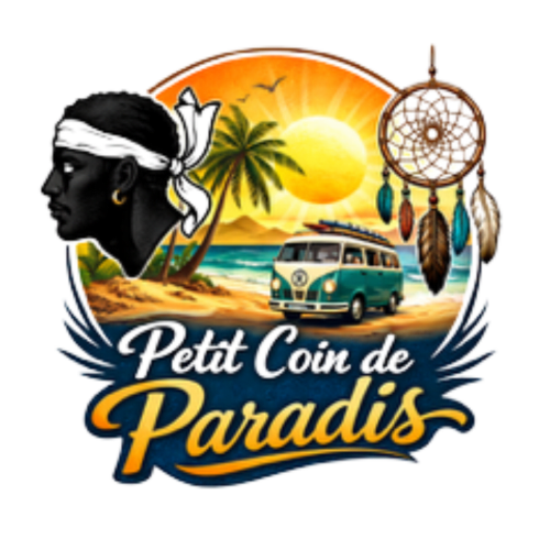 Logo du Gîte Petit Coin de Paradis : plage paradisiaque, attrape-rêves, van et coucher de soleil à Alatà, France