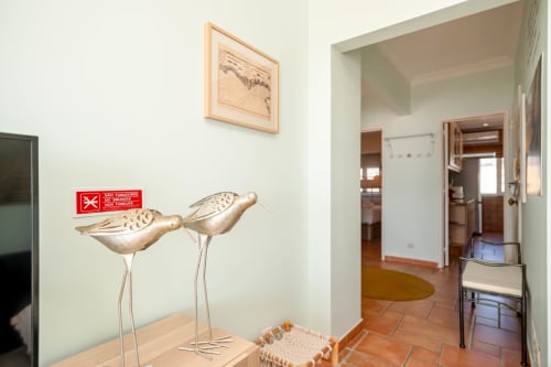 Modern apartment entrance with decorative wooden bird sculptures and coastal decor in Charneca da Caparica hotel room