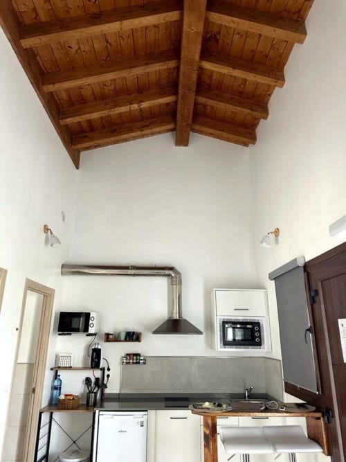 Cocina moderna con vigas de madera vista, paredes blancas, electrodomésticos de acero inoxidable y encimeras negras en Apartamentos El