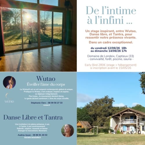 Publicité de retraite du Domaine de Londeix : chambre moderne avec vue sur la campagne et activités bien-être à Captieux