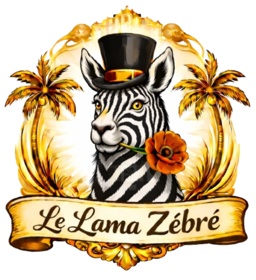 Le Lama Zébré logo: stylized zebra in top hat with flower, palm trees, and crown emblem for Penmarch B&B