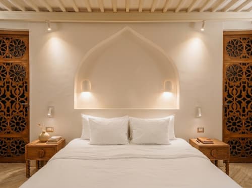 Dormitorio de lujo en Villa Merida Boutique Hotel con nicho abovedado, ropa de cama blanca, paneles de madera tallada e iluminación cálida