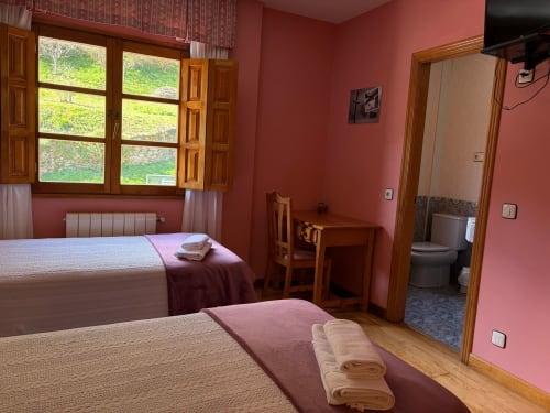 Habitación doble con camas individuales en Hotel Restaurante Casa Manolo en Adra, España, con paredes coral y vistas al jardín