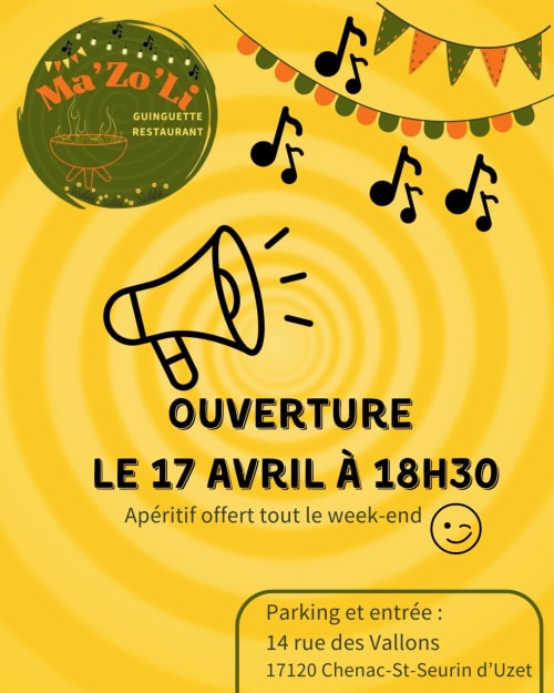 Annonce d'ouverture du Restaurant Guinguette Ma'Zo'Li avec mégaphone et notes de musique sur fond jaune