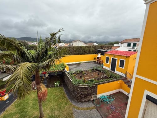 Vista do jardim da Golden Mermaid Villa com edifício amarelo, palmeira, serra ao fundo e canteiros paisagísticos em Portugal