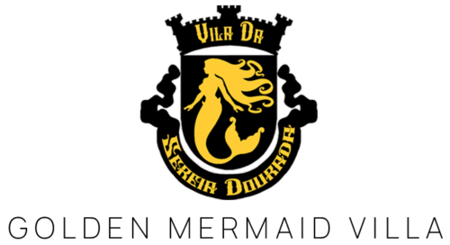 Golden Mermaid Villa logo featuring a mermaid emblem with castle crown and yellow mermaid on black shield, Portugal B&B