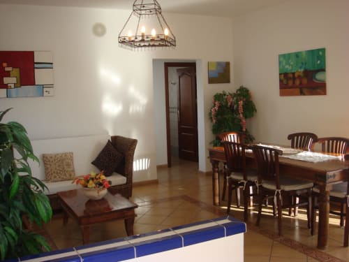Spacious villa living and dining area with wooden furniture, decorated walls, hanging chandelier, and potted plants at Villas
