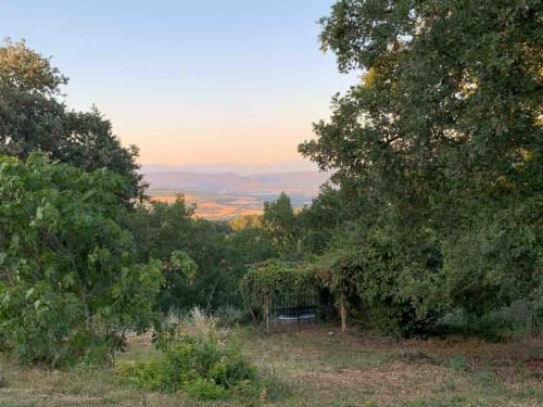 Veduta della valle toscana dall'appartamento Donkeys & Roses con alberi e paesaggio lontano al tramonto, Viterbo