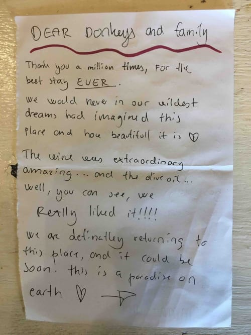 Biglietto di ringraziamento manoscritto degli ospiti a Donkeys and Roses, che elogia la Nest House di Viterbo per la sua bellezza e i vini