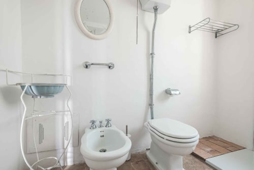 Bagno dell'appartamento Donkeys & Roses a Viterbo con wc, lavandino, specchio e scaffalature in metallo
