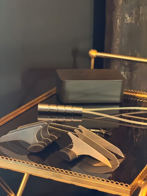 Luxury bathroom accessories with gold finishes at La Maison Defendue, Tessy-Bocage