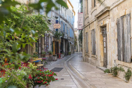 Charmante rue pavée de Saint-Rémy-de-Provence avec fleurs colorées et bâtiments historiques