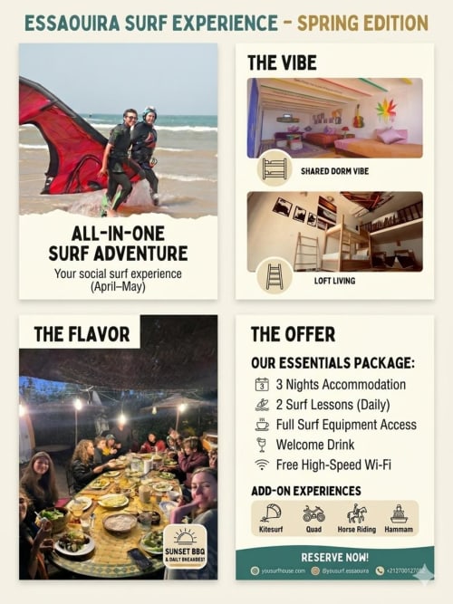 Expérience de surf à Essaouira au printemps : aventure tout compris en dortoir partagé et loft, 3 nuits, cours quotidiens