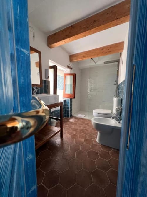Bagno spazioso a Regnos Altos Boutique Rooms a Bosa con doppio lavabo, bidet, wc, pavimento in piastrelle esagonali e muri a vista