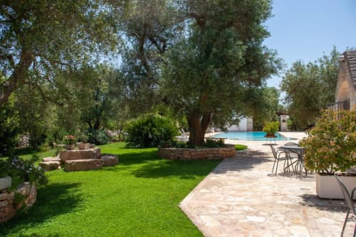 Giardino lussureggiante con ulivi, sedute in pietra, area patio e piscina a Trulli Boccadoro in Puglia