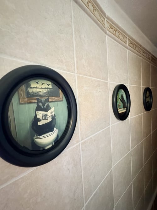Opera d'arte stravagante nel bagno di La Dolce Casa B&B a Cremia: un gatto che legge il giornale sul water in una cornice nera circolare.