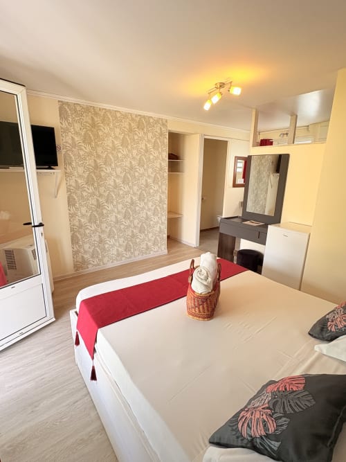 Chambre double à l'Hôtel le soleil couchant à St Pierre avec vue sur jardin, télévision et équipements modernes