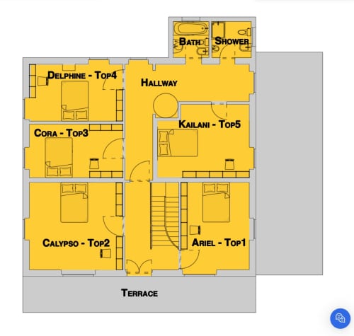 Planta do Golden Mermaid Villa com 5 quartos de hóspedes, corredor e banheiros compartilhados em Portugal
