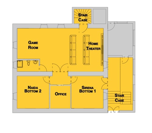 Planta do Golden Mermaid Villa com Sala de Jogos, Home Theater, Escritório, dois quartos e escadas.