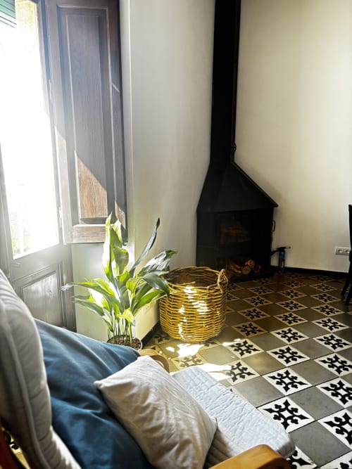 Cozy room at Mas Ribas Hotel in Palamos with patterned tiles, black wood stove, green plant, and basket decor