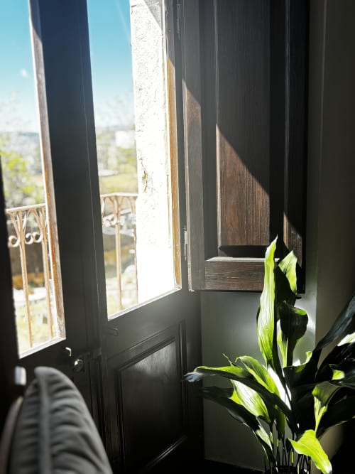 Open black shutters with garden view from Albergínia room at Mas Ribas Hotel, Palamós, with potted plant on windowsill