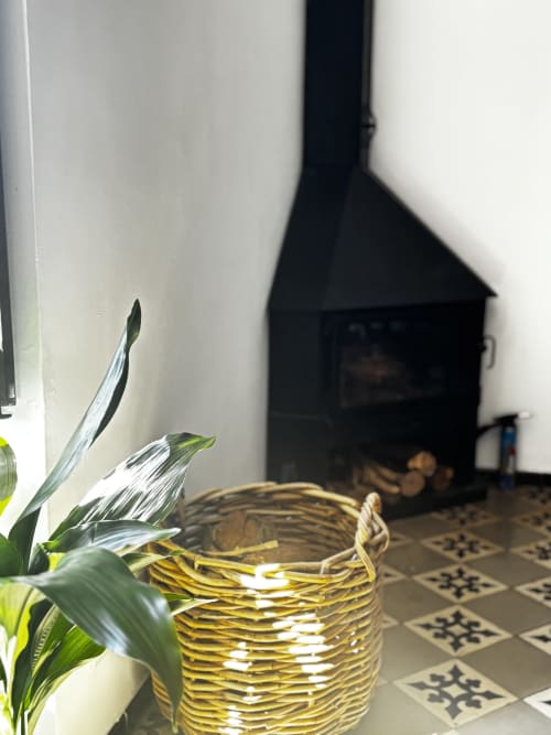 Wicker basket with potted plant and fireplace in Albergínia room at Mas Ribas Hotel, Palamós