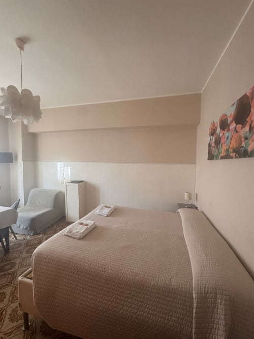 Dormitorio luminoso en B&B Residenza Leonardo, Falconara Marittima con cama doble, sillón y cuadro de tulipanes