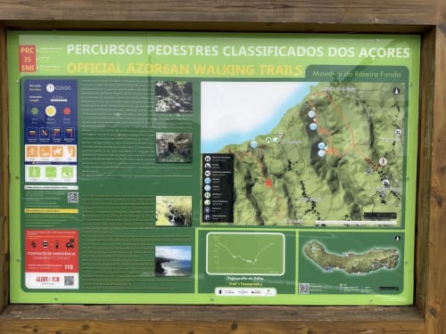 Official Azorean walking trails sign displaying classified pedestrian routes and topography map for Moinhos da Ribeira Funda