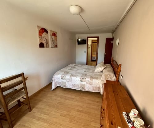 Triple bedroom at Hostal Estació in Puigcerdà with wooden bed, chair, and mountain view decor on walls