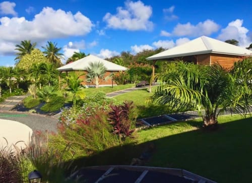 Cottages du Lagon BnB à Saint-François, Guadeloupe avec jardin tropical, palmiers et bungalows crème sous ciel bleu
