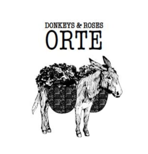 Logo dell'hotel Donkeys & Roses Orte con un asino che trasporta cesti di rose