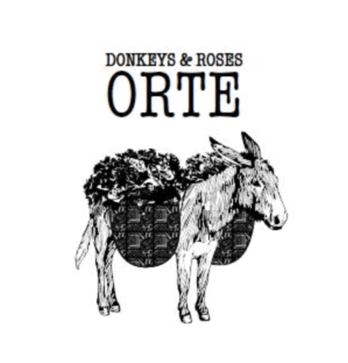 Logo dell'hotel Donkeys & Roses Orte con illustrazione in bianco e nero di un asino che trasporta rose