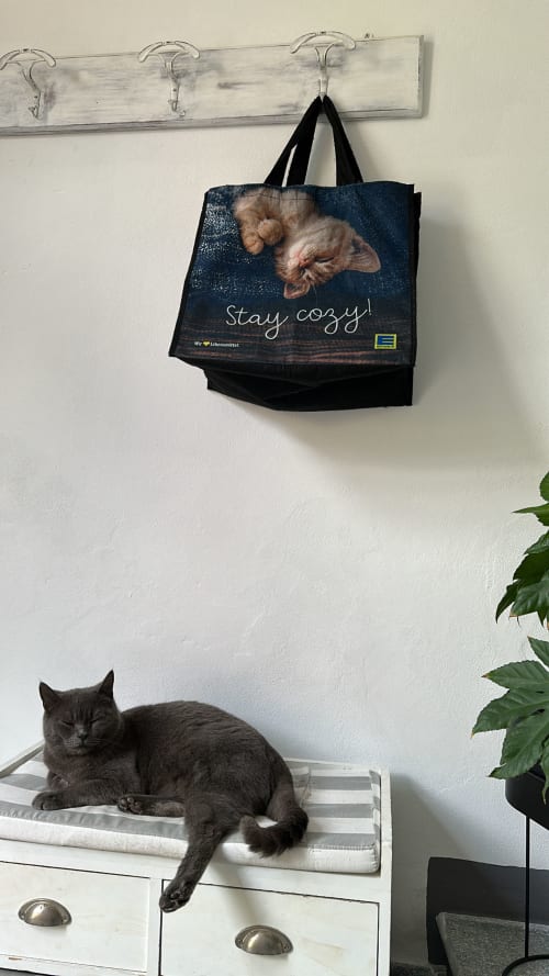 Gatto nero che riposa accanto a una shopper 'Stay cozy' presso la La Dolce Casa B&B a Cremia