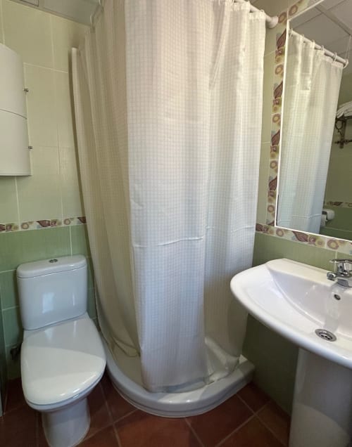 Bathroom with white curved shower enclosure, toilet, and pedestal sink in apartment in San José, Níjar