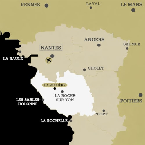 Carte de l'Ouest de la France situant La Millière en Vendée près de Nantes, Angers et La Rochelle.