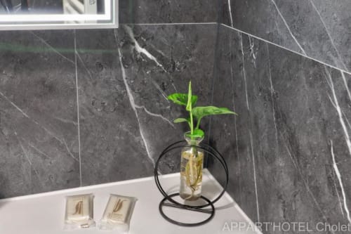 Salle de bain moderne à l'Appart'Hôtel Cholet avec carrelage marbre, plante verte décorative en vase en verre et échantillons de produits sur lavabo