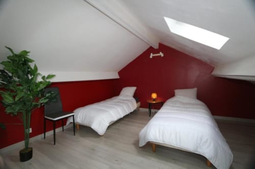 Chambre mansardée à l'Appart'Hôtel Cholet avec deux lits, mur rouge, velux et plante en pot