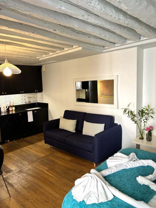 Acogedor estudio parisino con sofá azul marino, cocina, vigas vistas y vista al jardín cerca del Louvre