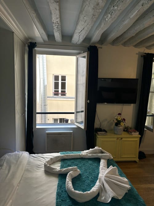 Acogedor dormitorio de apartamento parisino con vigas vistas, TV de pantalla plana, cómoda amarilla, ventana abierta con vista al jardín y turquesa