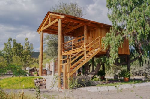 Villa de madera en árbol del Hotel El Porvenir con terraza cubierta y escaleras, rodeada de exuberante jardín en Querétaro, México
