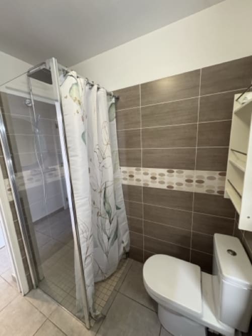 Bagno moderno al Conciergerie De Porticcio con pareti in piastrelle marroni, wc bianco, doccia con box in vetro e asciugamani bianchi.