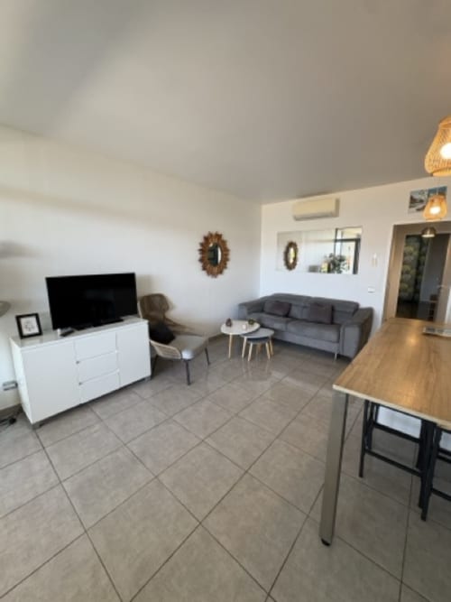 Elegante soggiorno nella residenza Conciergerie De Porticcio a Porticcio: divano grigio, TV, zona pranzo e vista montagna