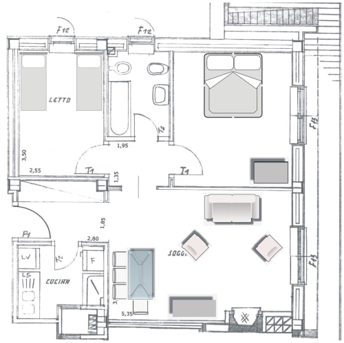 Planimetria della camera Myob Roma con layout di camera da letto, bagno, cucina e zona living