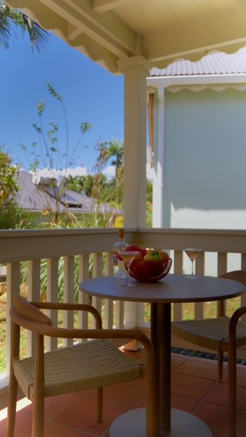 Terrasse ombragée du FORTY PALMS bnb à Lamentin avec vue sur le jardin tropical et ciel bleu dégagé