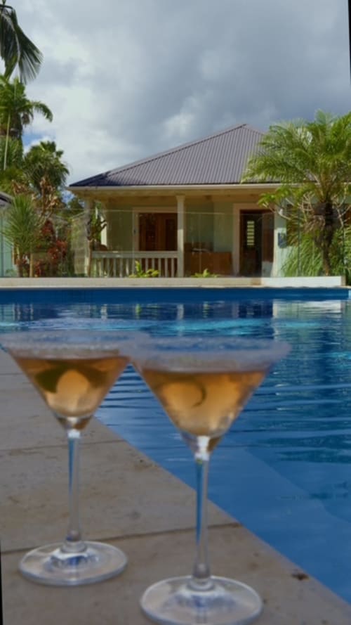 Deux cocktails sur la terrasse de la piscine face au cottage FORTY PALMS à Lamentin, Guadeloupe, avec palmiers et ciel bleu