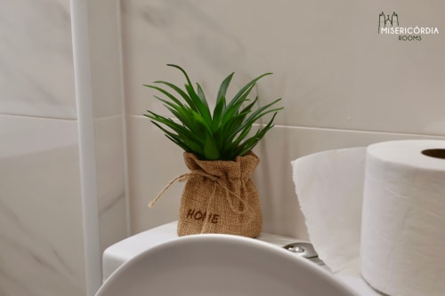 Pequena planta verde em vaso com embrulho de juta sobre o caixa de descarga do banheiro no SM Stays Collection hotel em Guarda, Portugal
