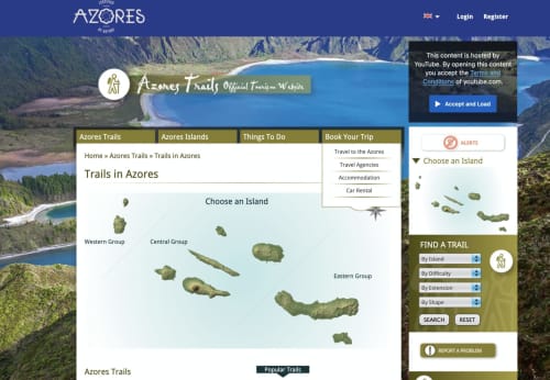 Azores Trails website showing interactive island map with Western, Central, and Eastern Groups for hiking trail selection